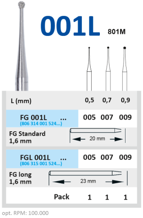 FGL001L005 Бор алмазный FG - шар - 005 серый  для микропрепарирования HORICO