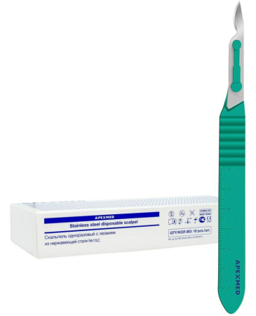 Скальпель с лезвием из нержавеющей стали №15С (10 шт) Apexmed