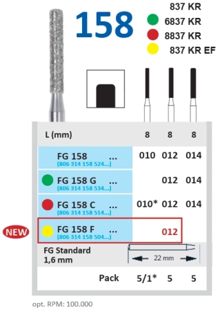 FG158F012 Бор алмазный FG - цилиндр, закругленные грани - 012 желтый HORICO