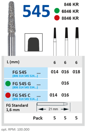FG545G016 Бор алмазный FG - конус усеченный с закругленными краями - 016 зеленый HORICO